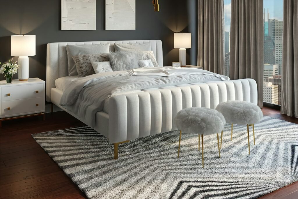 Luxury bedroom with an upholstered bed and chandelier