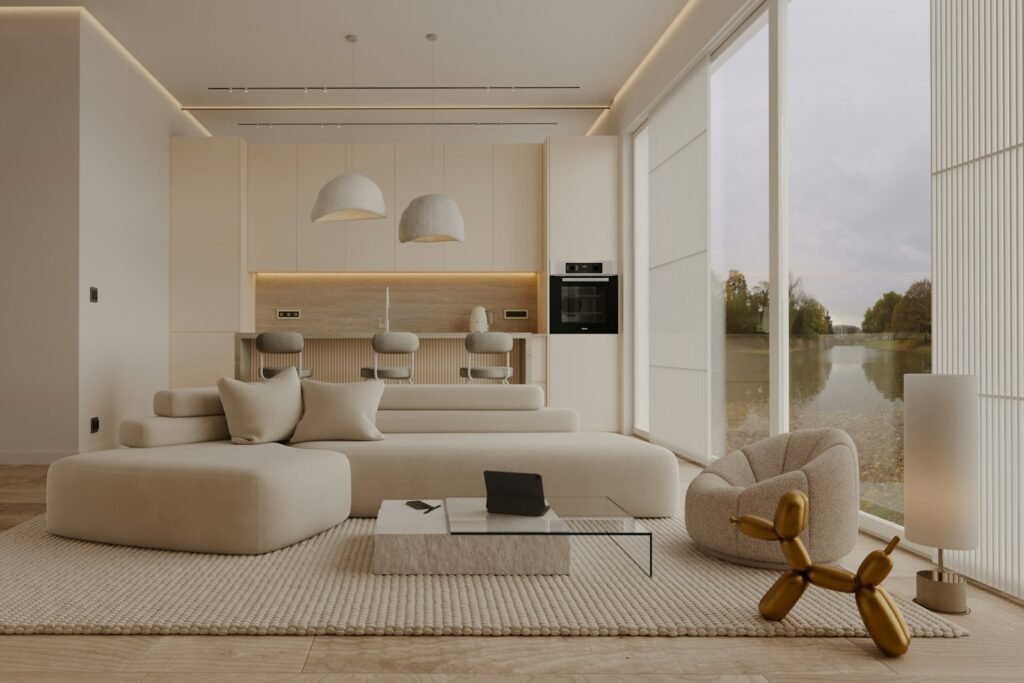 Minimal white living room with a large window